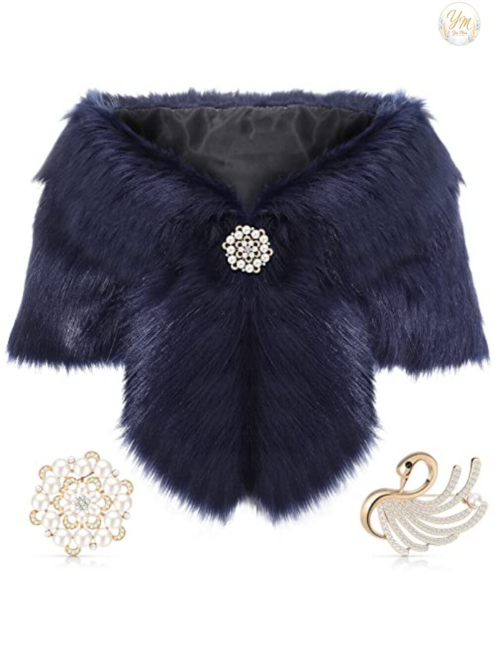 Faux Fur Shawl Wrap with Pearl Rhinestone Brooches Bridal